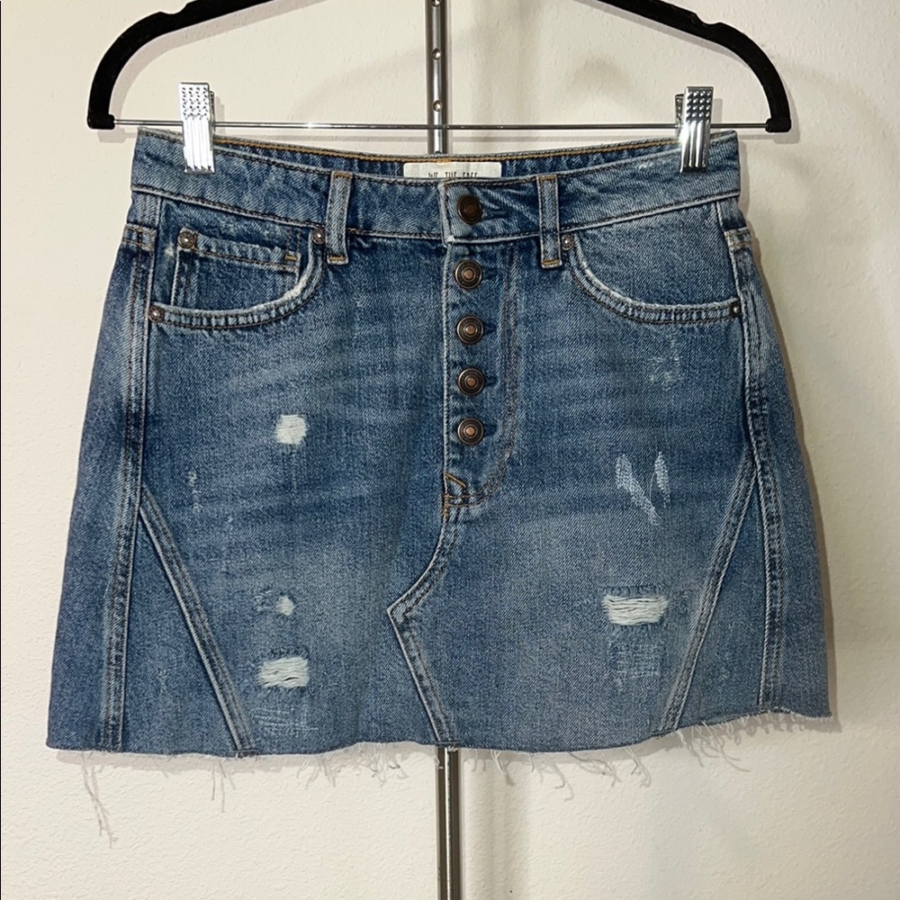 Free People Button Front Distressed Denim Skirt